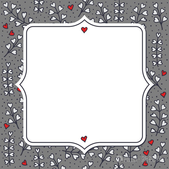 叶和心凌乱自然花卉手绘插画元素灰色虚线背景与空白的复古框架式贺卡