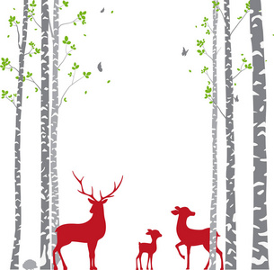 桦树的向量例证与鹿和鸟剪影背景为壁纸贴纸