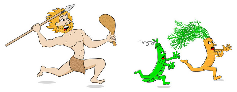 素食主义者石器时代的人狩猎蔬菜照片