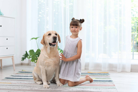 可爱的黄色拉布拉多猎犬和小女孩在家中