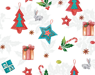 无缝的水彩图案。圣诞节元素的形式野兔, 礼物, 丁香, 星星, 糖果手杖在白色背景。美丽的节日背景和壁纸