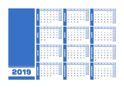 绿色2019年西班牙日历。带空白空间的矢量插图。所有元素都按图层排序和分组, 以便轻松编辑。可打印的横向版本