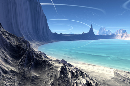 3d 渲染的幻想外星人的星球。岩石和湖