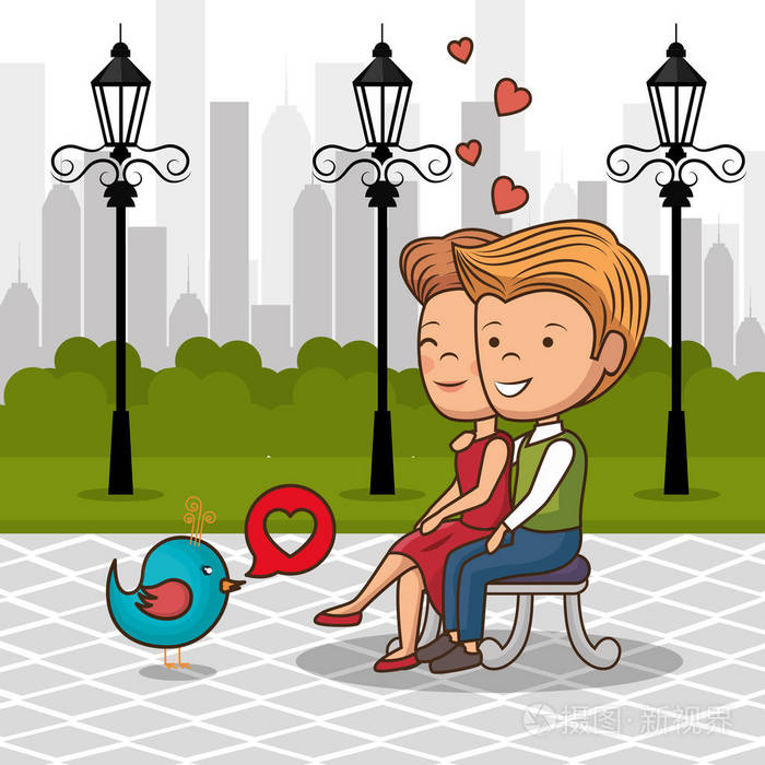 情侣在爱公园椅矢量插画设计