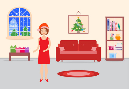 新年快乐2019和圣诞节向量例证与装饰的假期房间和女孩。客厅, 花环, 树, 礼物