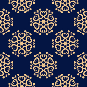 金色的蓝色花卉装饰品。纺织品和墙纸无缝图案