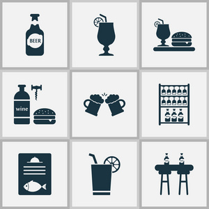 酒精图标设置与玻璃器皿, 晚餐, 瓶啤酒和其他美食元素。孤立的矢量插图酒精图标
