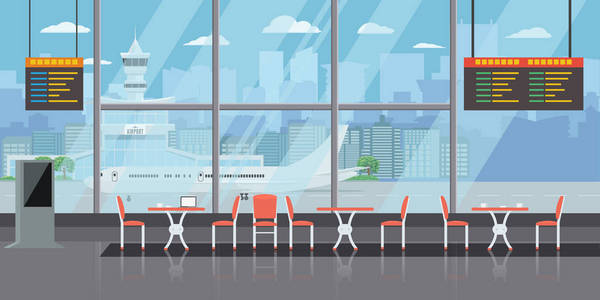 在机场大厅的背景, 空咖啡桌和椅子。纯平色彩风格设计矢量插画