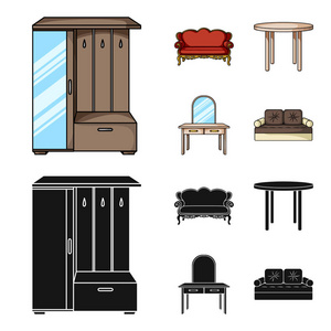 沙发, 扶手椅, 桌子, 镜子。家具和家庭 interiorset 收藏图标卡通, 黑色风格矢量符号股票插画网站