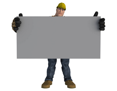 3d. 建筑工人穿上工具皮带和硬帽子, 拿着一个空白的灰色板标志。适合工业零售和书籍封面设计工作。系列之一