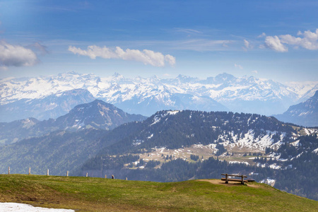 顶部 Rigi Kulm Luzern 瑞士与阿尔卑斯雪山风景天空云彩和湖