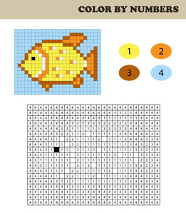 颜色按数字, 教育游戏为儿童。着色书与编号的正方形。绘制儿童活动。热带鱼