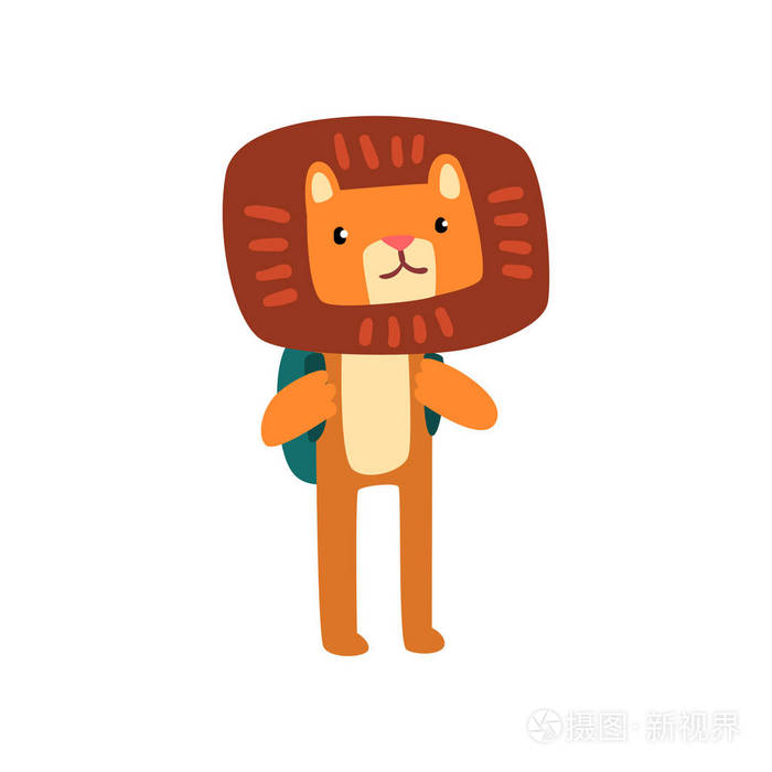 可爱的狮子站在背包, 聪明的动物卡通人物, 学校教育和知识概念向量