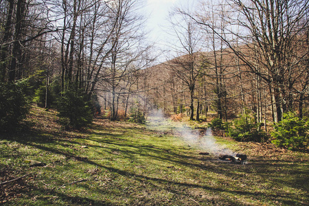 着火了人与自然的统一。木材。山之旅。舒适的热