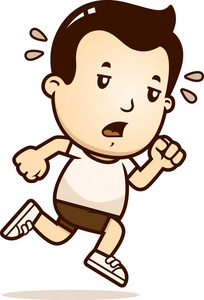 一个男孩奔跑, 看起来筋疲力尽的卡通插图