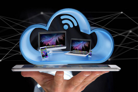 云中显示的智能手机平板电脑或计算机等设备的视图3d 渲染