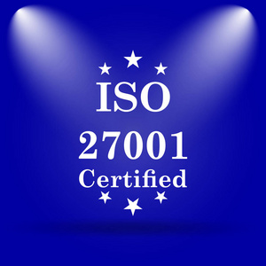 Iso 27001 图标。蓝色背景上的平面图标