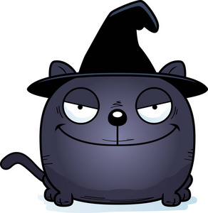 一只猫在女巫帽子带着狡猾的表情的卡通插图