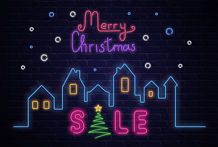 圣诞快乐销售促销海报与霓虹灯城市剪影 b