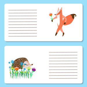 婴儿卡与可爱的狐狸和刺猬动物, 贺卡或邀请卡, 矢量插图