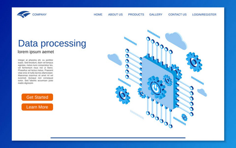 数据处理, 云计算平面3d 等距概念图。网站着陆页向量模板