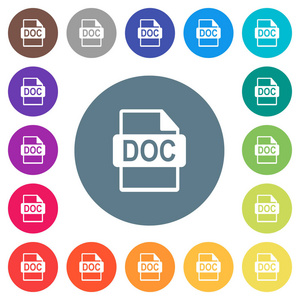 Doc 文件格式在圆形颜色背景上的平面白色图标。17背景颜色变化包括