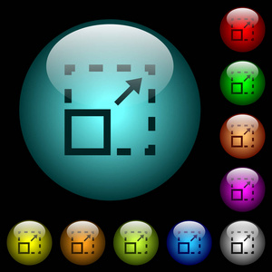 在黑色背景的彩色照明球形玻璃按钮中最大化元素图标。可用于黑色或深色模板