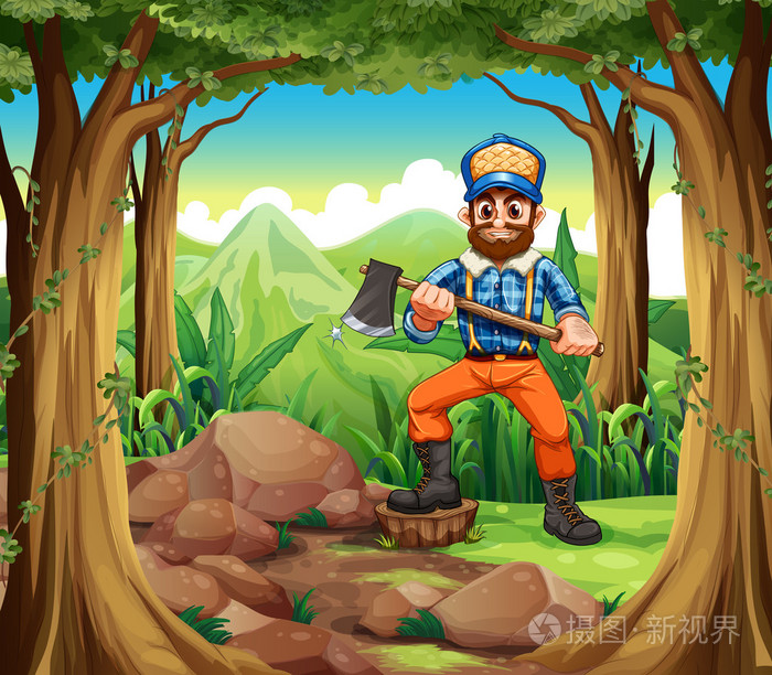 一位微笑的樵夫持有一把斧头在森林