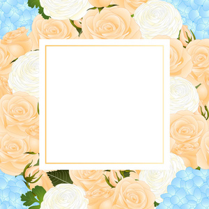 橙色玫瑰, 蓝绣球和白色石龙芮横幅卡片. 矢量插图