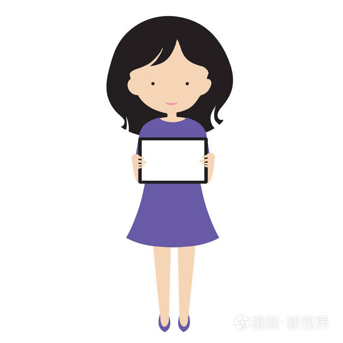 年轻妇女站立和拿着一个空的陈列平板, 与空间为您