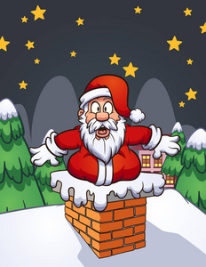 胖胖的震惊卡通圣诞老人股票在烟囱里。向量剪贴画例证与简单的梯度。单独图层上的某些元素