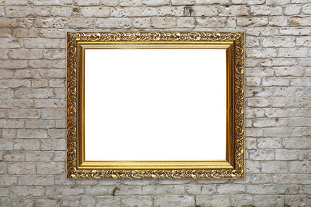 关闭古董旧巴洛克华丽的木制经典金色彩绘水平矩形框架图片或照片, 灰色砖墙背景