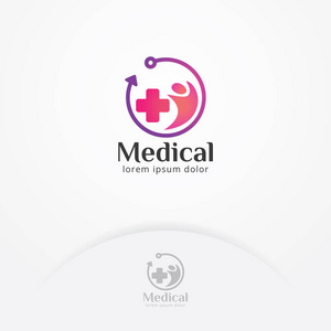 医疗中心标志设计, 医学符号与箭和人。医疗诊所徽标模板