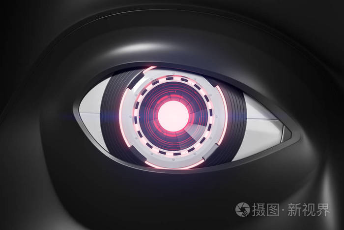 逼真的红色机器人眼睛与一个黑色机器人脸上的相机高科技的概念人脸