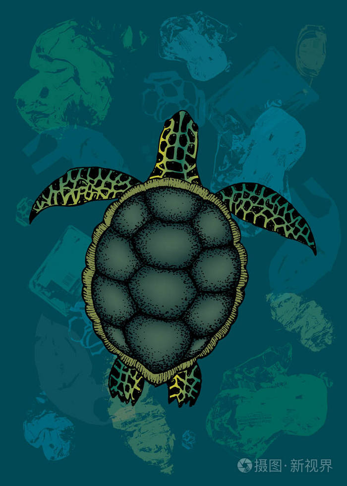 海龟在塑料废料的海洋中游泳插画-正版商用图片09sbh3-摄图新视界
