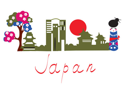 日本传统符号旗帜与建筑物，樱花