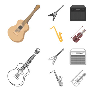 电吉他, 喇叭, 萨克斯, 小提琴。乐器集合图标在卡通, 轮廓风格矢量符号股票插图