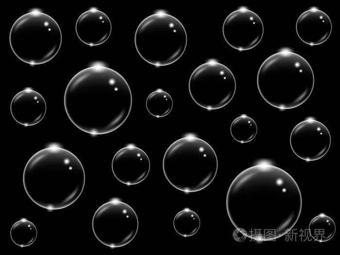 黑色背景上的逼真白色透明肥皂气泡