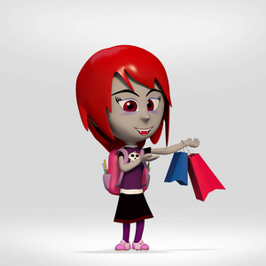 万圣节, 学生女孩打扮吸血鬼购物.3d 卡通插画照片