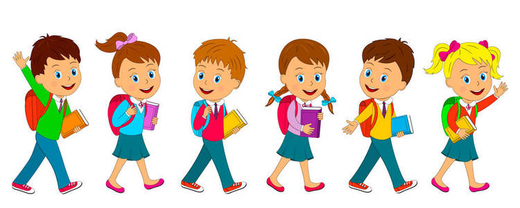 孩子们, 男孩和女孩都带着书包和书本去上学。