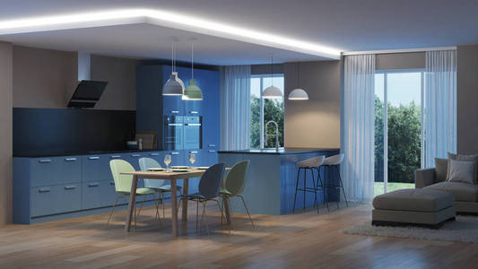 现代房子内部。蓝色的厨房。晚上。晚上照明。3d 渲染
