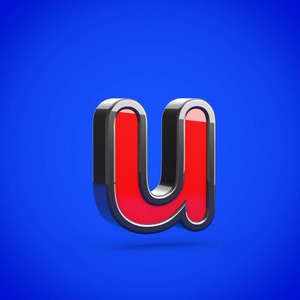 超级英雄字母 U 小写。3d 渲染的风格复古红色和黑色光泽字体隔离在蓝色背景上