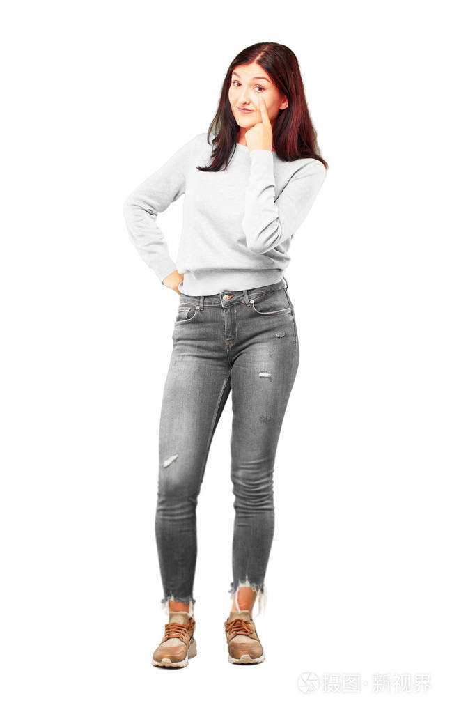 年轻漂亮的女孩全身体看, 观察, 保持一只眼睛在前面的对象, 或观看的