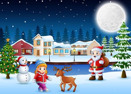 圣诞节快乐在冬天与雪的村庄背景