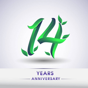 14周年纪念庆祝标识以叶子和绿色上色.