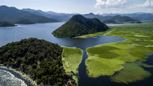 在阳光明媚的日子里, 鸟瞰斯库台湖美丽的风景。黑山。斯库台湖的领地与植物丛生