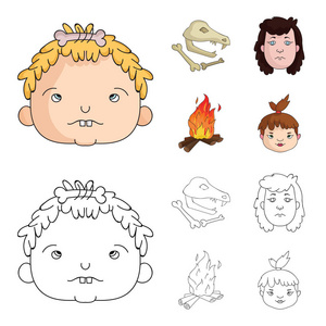 女人, 头发, 脸, 篝火。石器时代集图标卡通, 轮廓风格矢量符号股票插画网站