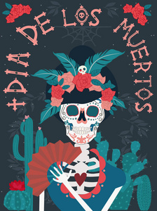死亡海报的天与骨骼, 墨西哥传统假日。墨西哥文字翻译 死的天。可编辑矢量插图
