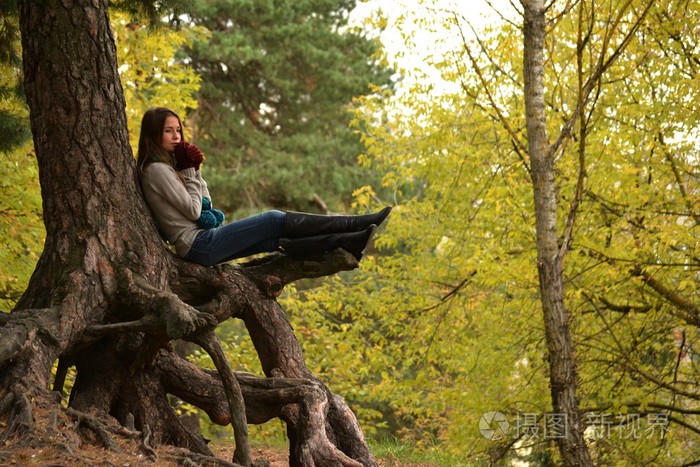 女孩坐在秋天公园的松树的根上