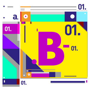 矢量字母 B 孟菲斯风格几何颜色轮廓字体。图形装饰类型。海报设计模板